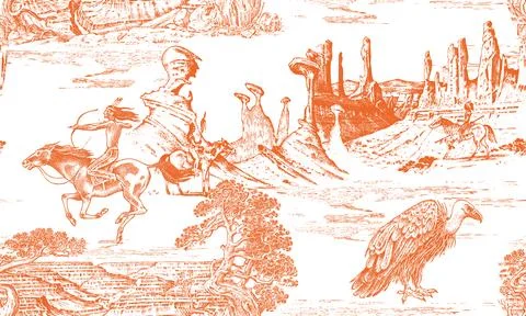 Toile de Jouy seamless pattern with Native American horseback with a bow on Stock Illustration