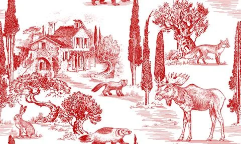 Toile de Jouy seamless pattern with forest animals and French villa. Rural Illustrazione stock