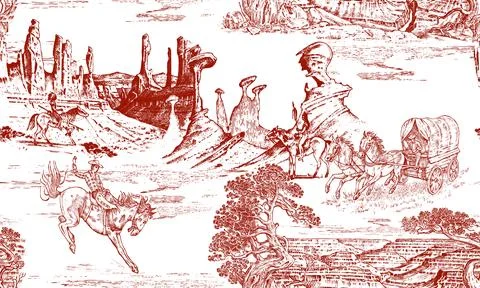 Toile de Jouy seamless pattern with a cowboy horseback jumping on Wild West Stock Illustration