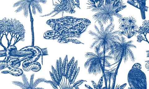 Toile de Jouy seamless pattern with python snake and boa constrictor and Illustration