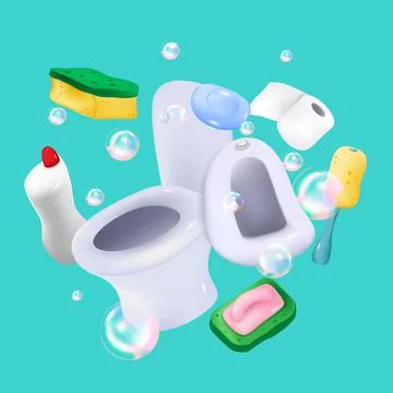 Toilet 3d cute element vector illustration on mint background Illustrazione stock