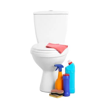 Cleaning Supplies Near Toilet Bowl in Bathroom Stock Image - Image