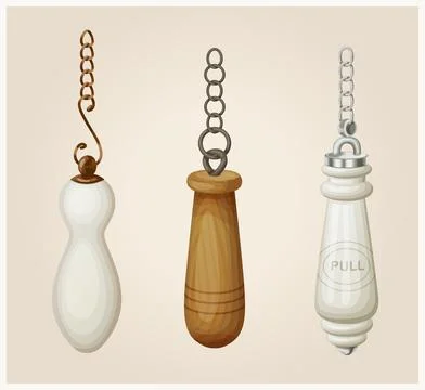 Toilet flushes pull down handles with chains vector icons, vintage toilet Stock Illustration