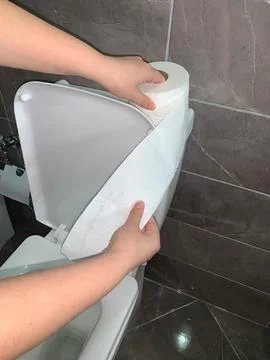 Toilet paper being pulled from roll in modern bathroom Stock Photos