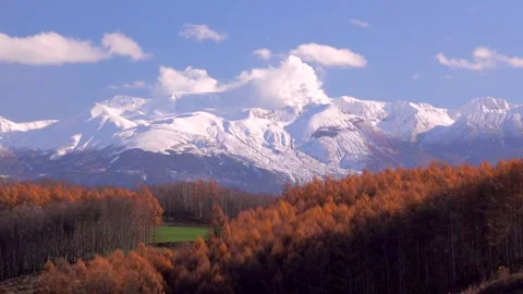 Tokachidake Mountain Range, Erupting Smoke, and the Autumn Foliage of Larch Video stock 332301728