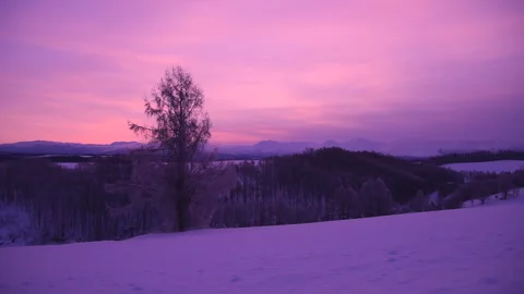 Tokachidake Mountain Range (Right) and the Morning of Frosted Trees Video stock 332236784