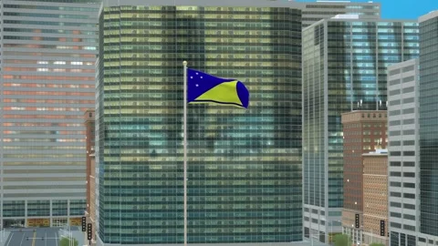 Tokelau Flag 3D Render Animation on Pole with Modern Business District Build Stockbeeldmateriaal 332877608