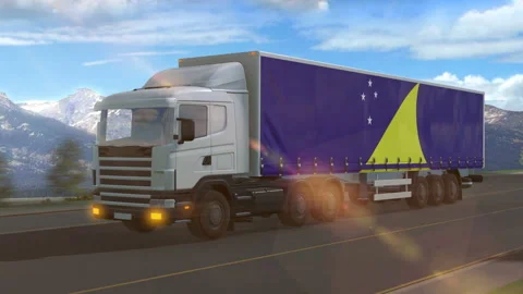 Tokelau flag shown on the side of a large truck Stock Footage 122106406