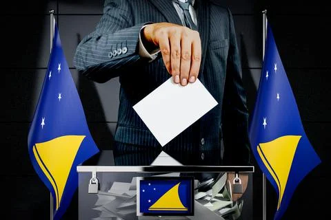 Tokelau flags, hand dropping voting card - election concept - 3D illustration Ilustración de archivo