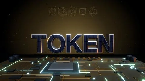 TOKEN 3D Text with Blockchain Cubes on a Circuit Board Stock Illustration