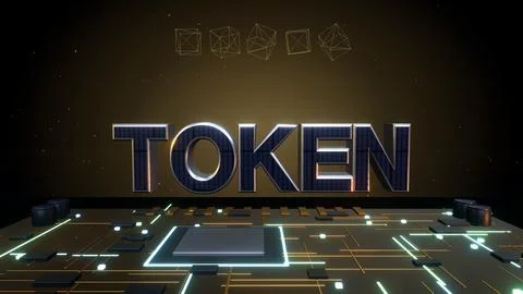 TOKEN 3D Text with Blockchain Cubes on a Circuit Board Stock Illustration