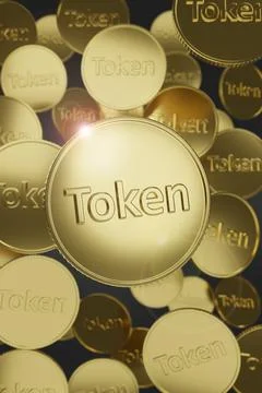 Token coins floating in the air. Vertical composition. 3D illustration. Ilustração Stock