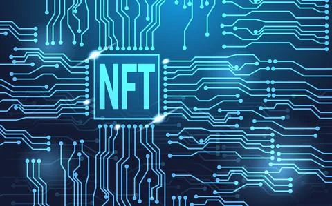 Token NFT text on CPU chip with digital circuit board background. Stock Illustration