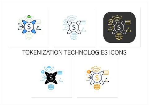 Tokenization technologies icons set Stock Illustration
