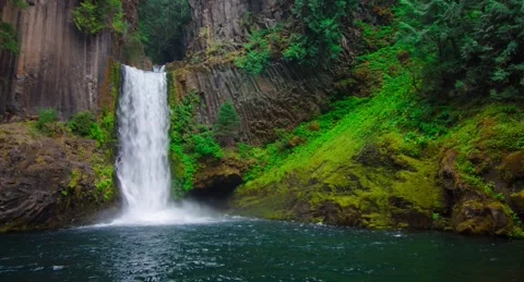 Toketee Falls Two-Tiered Waterfall Hexagonal Columnar Basalt and Aquamarine Stock-Footage 337513987