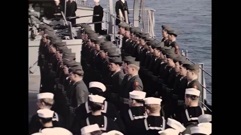 TOKYO - 1946 - US Marines stand at attention aboard the USS New Jersey, docked Stock Footage 296690256