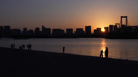 Tokyo Bay Area and Rainbow Bridge at Sunset from Odaiba Seaside Park Stock-Footage 344023345