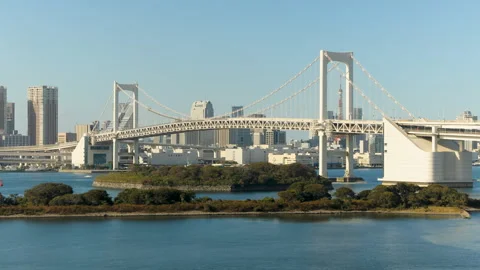 Tokyo Bay Timelapse with Rainbow Bridge and Passing Boats, Tokyo, Japan Stock Footage 343908991