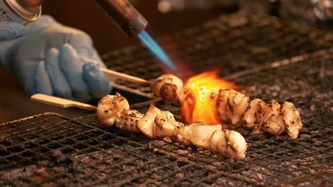 Tokyo Chef Using Blowtorch Cook Fresh Squid Skewers Street Stall Stock Footage 327605201