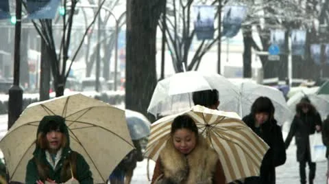 TOKYO - Crowd under Snow walking in Street Stock Footage