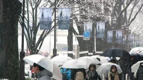 TOKYO - Crowd under Snow walking in Street 2 Stock Footage 20989491