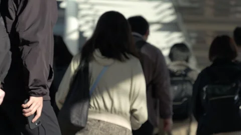 Tokyo Dramatic Lens Flare Hitting Crowd Commuters Morning Walkway Stock Footage 327573420