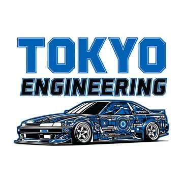 Tokyo Engineering logo with a blue car and technical design tshirt design Stock Illustration