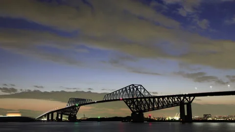 Tokyo Gate Bridge, Clouds, and Aircraft Taking Off from Haneda Airport Stock Footage 330760751