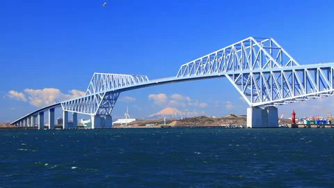 Tokyo Gate Bridge, Mount Fuji, and a Ship Stock Footage 330397320