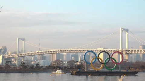 TOKYO, JAPAN : The five ring symbol of the Olympic Games at Odaiba. Stock Footage 123682453