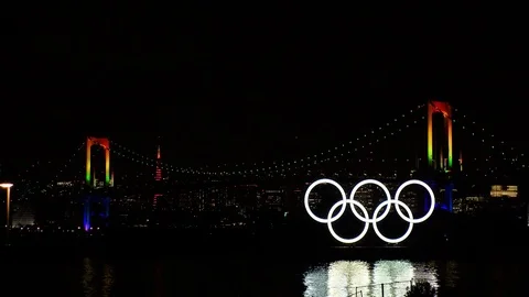 TOKYO, JAPAN : The five ring symbol of the Olympic Games at Odaiba. Stock Footage 123682511
