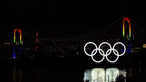 TOKYO, JAPAN : The five ring symbol of the Olympic Games at Odaiba. Stock Footage 123682530