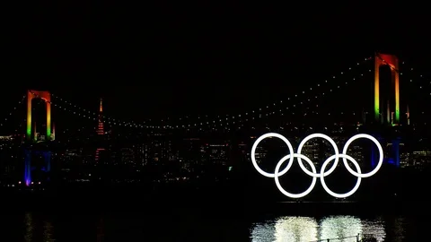 TOKYO, JAPAN : The five ring symbol of the Olympic Games at Odaiba. Stock Footage 123682543