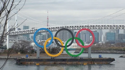 TOKYO, JAPAN : The five ring symbol of the Olympic Games at Odaiba. Stock Footage 123682972