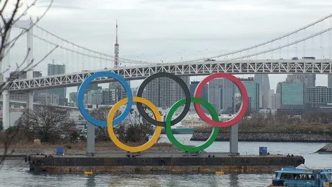 TOKYO, JAPAN : The five ring symbol of the Olympic Games at Odaiba. Stock Footage 123683129