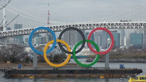 TOKYO, JAPAN : The five ring symbol of the Olympic Games at Odaiba. Stock Footage 123683143