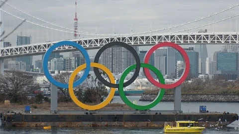 TOKYO, JAPAN : The five ring symbol of the Olympic Games at Odaiba. Stock Footage 123683208