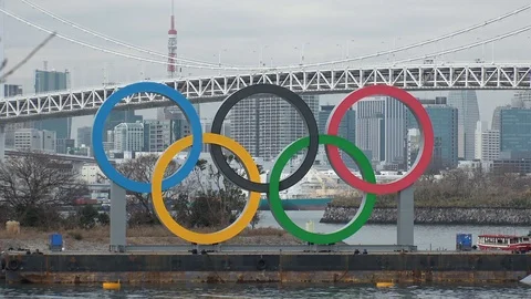 TOKYO, JAPAN : The five ring symbol of the Olympic Games at Odaiba. Stock Footage 123683229