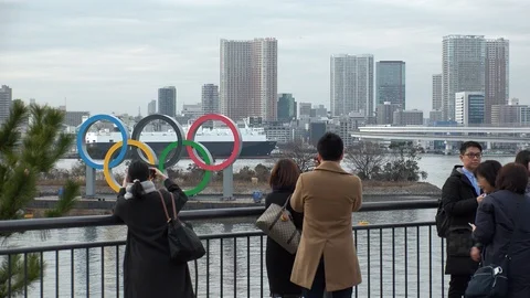 TOKYO, JAPAN : The five ring symbol of the Olympic Games at Odaiba. Stock Footage 123683275