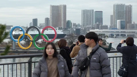 TOKYO, JAPAN : The five ring symbol of the Olympic Games at Odaiba. Stock Footage 123683292