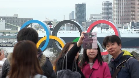 TOKYO, JAPAN : The five ring symbol of the Olympic Games at Odaiba. Stock Footage 123683401