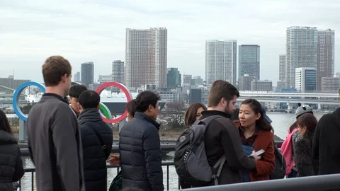 TOKYO, JAPAN : The five ring symbol of the Olympic Games at Odaiba. Stock Footage 123683415