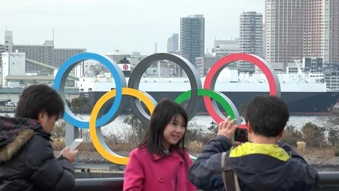 TOKYO, JAPAN : The five ring symbol of the Olympic Games at Odaiba. Stock Footage 123683449