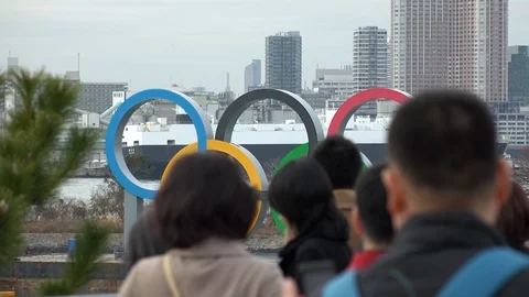 TOKYO, JAPAN : The five ring symbol of the Olympic Games at Odaiba. Stock Footage 123683470