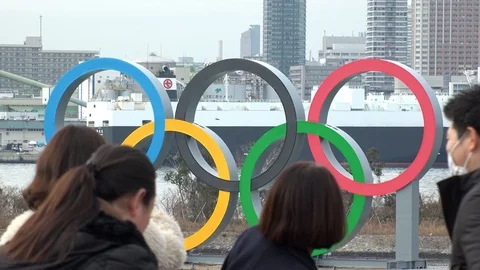 TOKYO, JAPAN : The five ring symbol of the Olympic Games at Odaiba. Stock Footage 123683482