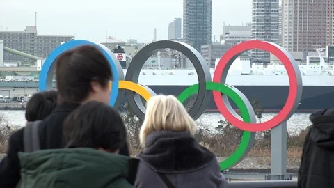 TOKYO, JAPAN : The five ring symbol of the Olympic Games at Odaiba. Stock Footage 123683492