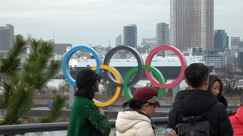 TOKYO, JAPAN : The five ring symbol of the Olympic Games at Odaiba. Stock Footage 123683532