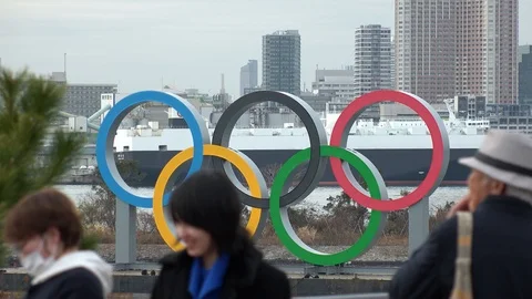 TOKYO, JAPAN : The five ring symbol of the Olympic Games at Odaiba. Stock Footage 123683547