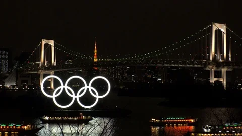 TOKYO, JAPAN : The five ring symbol of the Olympic Games at Odaiba. Stock Footage 123683567
