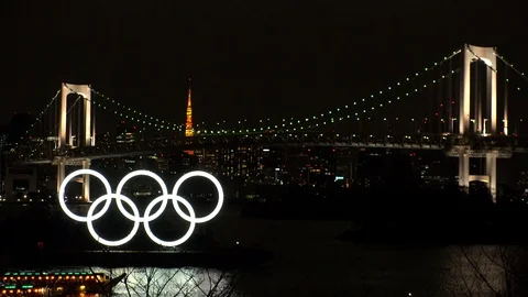 TOKYO, JAPAN : The five ring symbol of the Olympic Games at Odaiba. Stock Footage 123683728